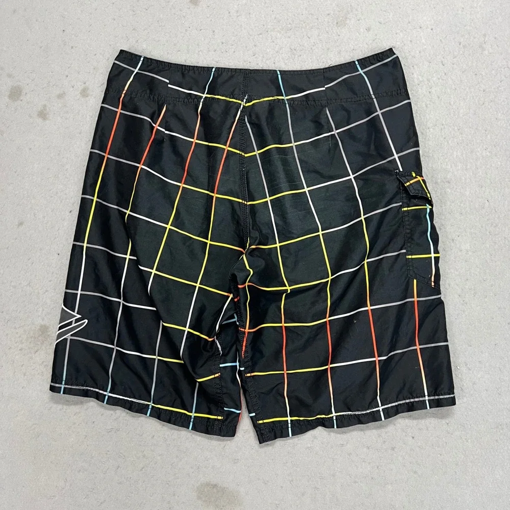 Reef Mens Board Shorts Size 38 Black Multi Color Grid Plaid Surf Swim Trunks‎